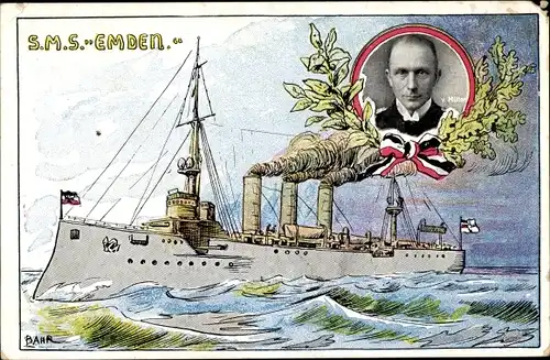 Künstler Ak Bahr, Deutsches Kriegsschiff, SMS Emden, Kaiserliche Marine, Kapitän von Müller