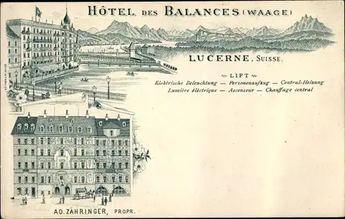 Litho Lucerne Luzern Stadt Schweiz, Hotel des Balances, Waage
