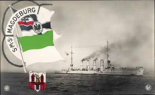 Ak Deutsches Kriegsschiff, SMS Magdeburg, Kaiserliche Marine, Fahnen, Wappen