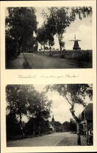 Ak Hanstedt in der Nordheide, Straßenpartie, Windmühle