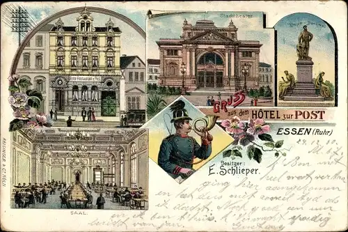 Litho Essen im Ruhrgebiet, Hotel zur Post, Stadttheater, Kruppdenkmal, Saal, Postkutscher mit Horn