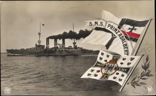 Ak Deutsches Kriegsschiff, SMS Prinz Adalbert, Kaiserliche Marine, Fahnen