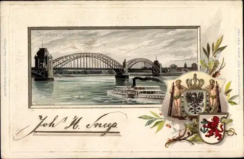 Präge Wappen Passepartout Litho Düsseldorf am Rhein, Rheinbrücke