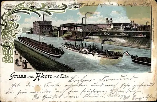 Jugendstil Litho Aken an der Elbe Sachsen Anhalt, Flusspartie, Lastkahn