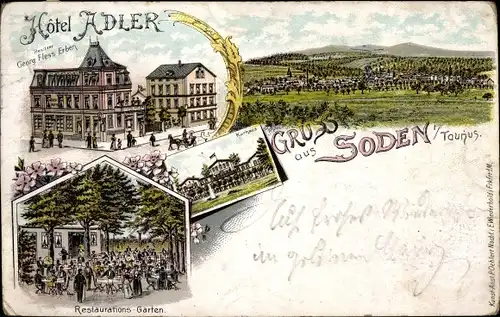 Litho Bad Soden am Taunus Hessen, Hotel Adler, Blick auf den Ort