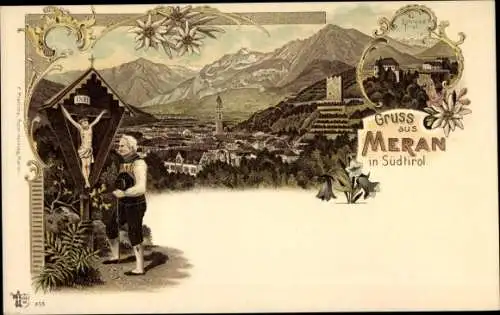 Litho Meran Merano Südtirol, Blick auf den Ort, Mann am Wegkreuz, Schloss Tirol