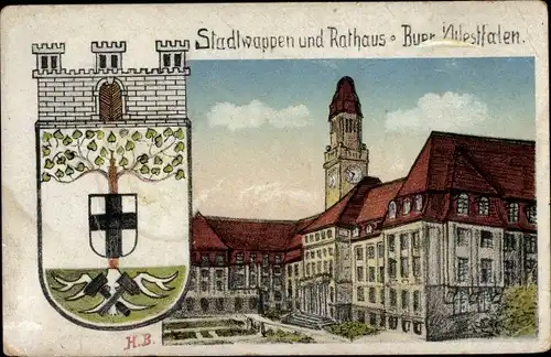 Wappen Ak Buer in Westfalen Gelsenkirchen Ruhrgebiet, Stadtwappen und Rathaus