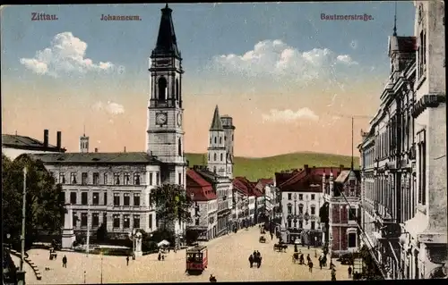 Ak Zittau in Sachsen, Johanneum, Bautznerstraße, Straßenbahn