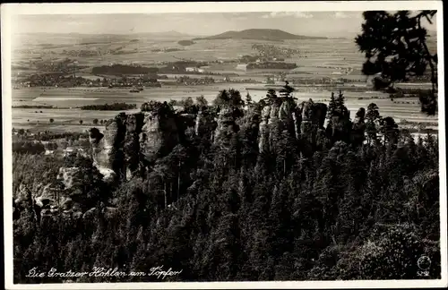 Ak Oybin in der Oberlausitz, Gratzer Höhlen am Töpfer, Panorama, Königsholz