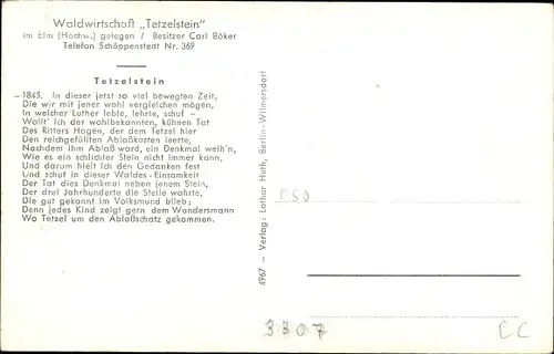 Ak Tetzelstein im Elm, Waldwirtschaft Tetzelstein, Besitzer Carl Böker, Ansicht vom Tetzelstein