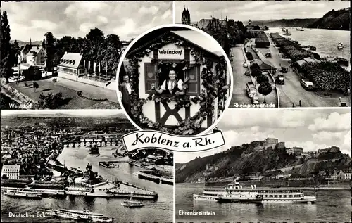 Ak Koblenz am Rhein, Weindorf, Ehrenbreitstein, Deutsches Eck, Rheinpromenade