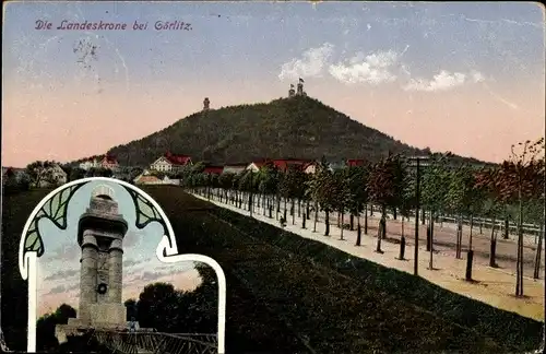 Ak Görlitz in der Lausitz, Blick zur Landeskrone, Bismarcksäule, Straßenpartie