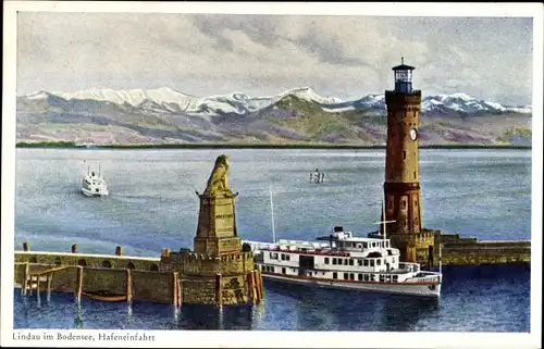 Ak Lindau am Bodensee, Hafeneinfahrt, Löwe, Leuchtturm, Dampfer