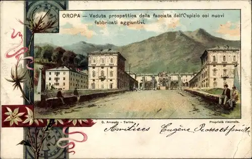 Litho Oropa Biella Piemonte, Veduta prospettica della facciata dell'Ospizio