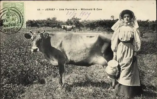 Ak Kanalinsel Jersey, Une Farmiere, Milkmald, Cow
