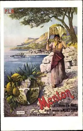 Künstler Ak Menton Alpes Maritimes, Frau mit Korb, Früchte, Brücke