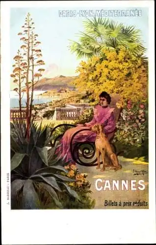 Künstler Ak Cannes Alpes Maritimes, Paris-Lyon-Mediterranee, Frau im Sessel, Hund