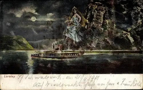 Künstler Ak Loreley mit Harfe, Schiff am Loreley Felsen bei Nacht, Vollmond