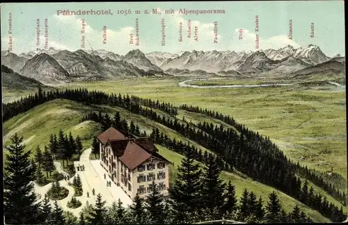 Ak Bregenz am Bodensee Vorarlberg, Pfänderhotel mit Alpenpanorama