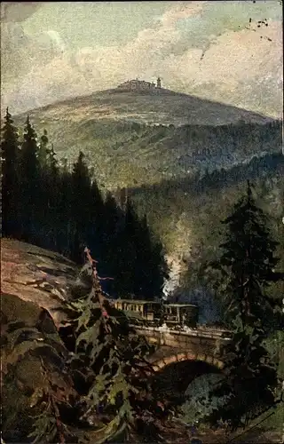 Künstler Ak Hammel, Otto, Dampflokomotive über der Brücke mit Blick zum Brocken