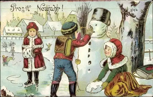 Präge Litho Glückwunsch Neujahr, Kinder bauen einen Schneemann, Eisläufer