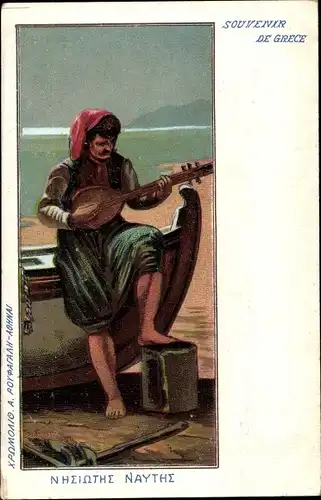 Litho Griechenland, Fischer mit Musikinstrument am Strand