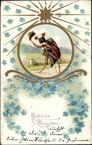 Litho Glückwunsch Pfingsten, Vermenschlichter Maikäfer, Vergissmeinnicht