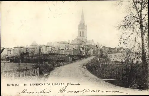 Ak Villetoureix Dordogne, Ortsansicht, Kirche