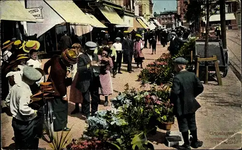 Ak Groningen Niederlande, Bloemenmarkt, Passanten