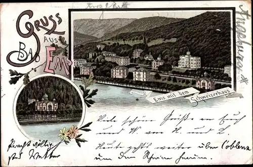 Litho Bad Ems an der Lahn, Blick auf den Ort mit Schweizerhaus