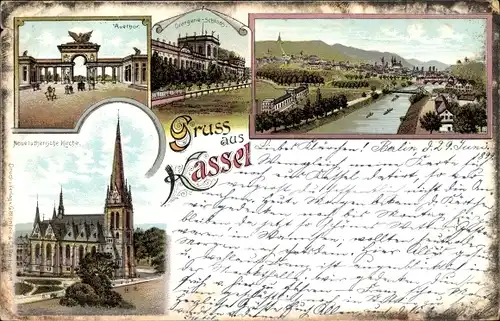 Litho Kassel in Hessen, Auetor, Orangerie Schloss, neue lutherische Kirche, Blick auf den Ort