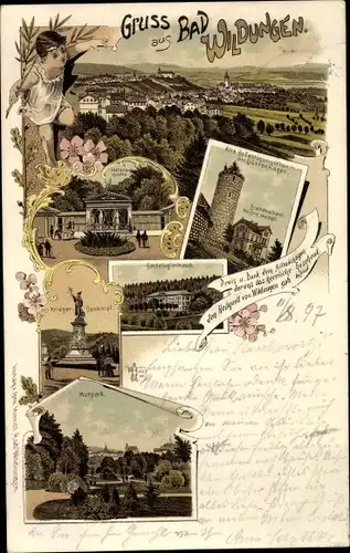 Litho Bad Wildungen in Nordhessen, Badelogierhaus, Kriegerdenkmal, Kurpark, Totalansicht