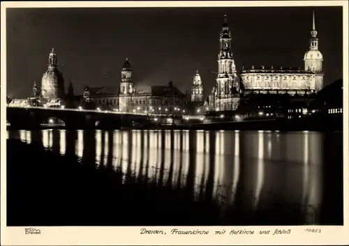 Ak Dresden Altstadt, Hofkirche, Frauenkirche, Schloss, Nachtbeleuchtung, Hahn 10853