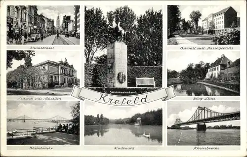 Ak Krefeld am Niederrhein, Rheinstraße, Westwall mit Museum, Rheinsbrücke, Burg Linn, Passagehaus