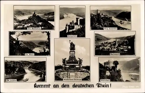 Ak Rüdesheim am Rhein Hessen, Nationaldenkmal auf dem Niederwald, Marksburg, Stolzenfels, Loreley