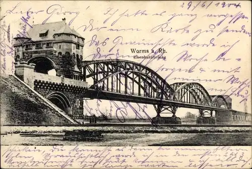 Ak Worms am Rhein, Eisenbahnbrücke