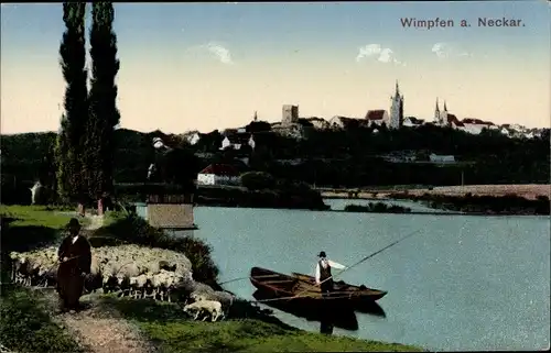 Ak Bad Wimpfen am Neckar, Teilansicht, Schafherde