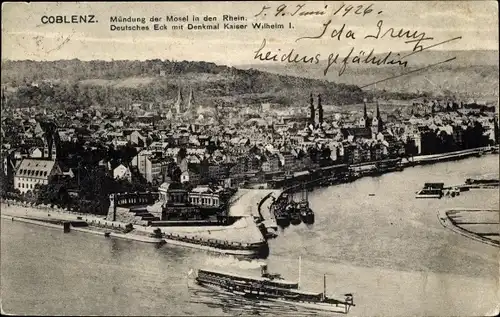 Ak Koblenz am Rhein, Mündung d. Mosel i. d. Rhein, Deutsches Eck, Kaiserdenkmal, Dampfer