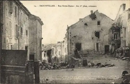 Ak Badonviller Badenweiler Meurthe et Moselle, Rue Notre Dame, Kriegszerstörungen, I. WK