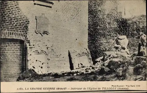Ak Tilloloy Somme, Interieur de l'Eglise, Kriegszerstörungen, I. WK