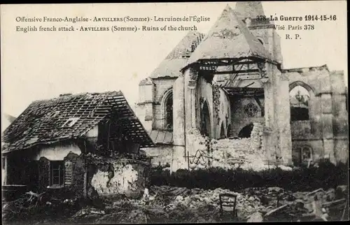 Ak Arvillers Somme, Offensive Franco-Anglaise, Les ruines de l'Eglise, I. WK