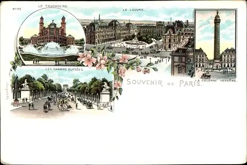 Litho Paris, Le Trocadero, la Colonne Vendome, le Louvre, Champs Elysees