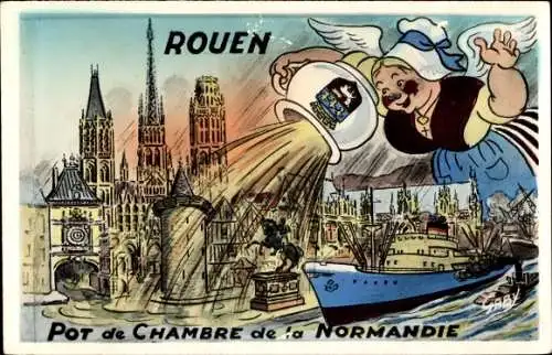 Ak Rouen Seine Maritime, Pot de Chambre de la Normandie, Starkregen, Stadtansicht, Nachttopf