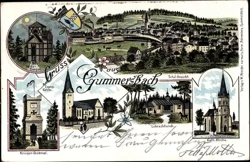 Litho Gummersbach im Oberbergischen Kreis, Kirche, Lebrechtsruh, Kriegerdenkmal, Tempel