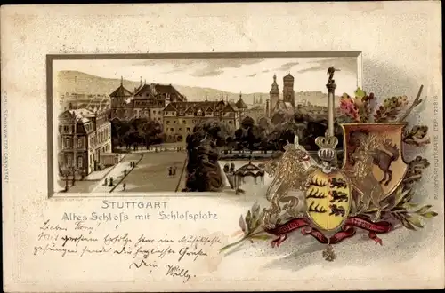 Präge Wappen Passepartout Litho Stuttgart in Württemberg, Altes Schloss, Schlossplatz