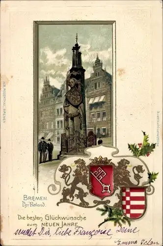 Präge Wappen Passepartout Litho Hansestadt Bremen, Der Roland, Glückwunsch Neujahr