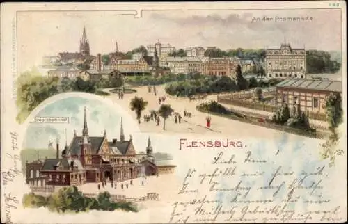Litho Flensburg in Schleswig Holstein, Staatsbahnhof, Partie an der Promenade