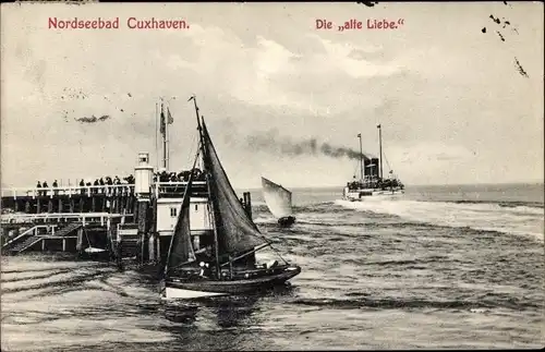 Ak Nordseebad Cuxhaven, Die Alte Liebe, Segelboot, Dampfer
