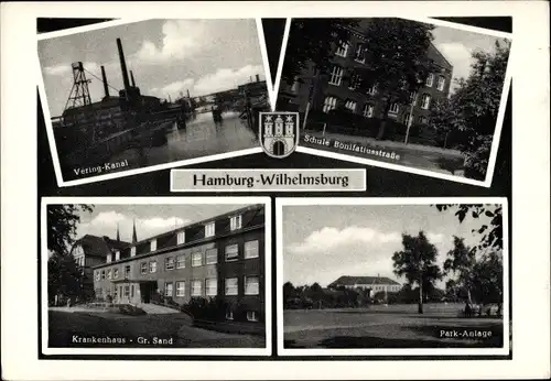 Ak Hamburg Wilhelmsburg, Schule Bonifatiusstraße, Parkanlage, Vering Kanal, Krankenhaus Gr. Sand