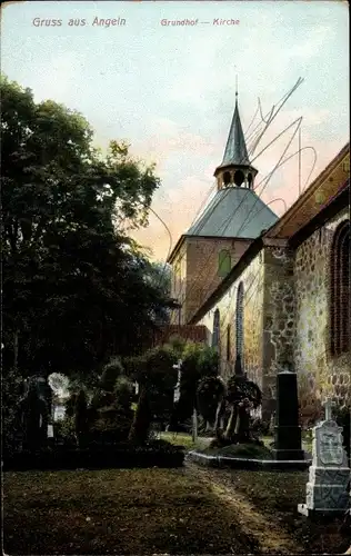 Ak Grundhof in Angeln, Friedhof mit Kirche